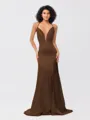 Sheath/Column Silk like Satin Ruched V-neck Sleeveless Sweep/Brush Train Bridesmaid Dresses