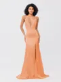 Sheath/Column Silk like Satin Ruched V-neck Sleeveless Sweep/Brush Train Bridesmaid Dresses