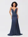 Sheath/Column Silk like Satin Ruched V-neck Sleeveless Sweep/Brush Train Bridesmaid Dresses