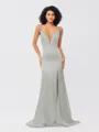 Sheath/Column Silk like Satin Ruched V-neck Sleeveless Sweep/Brush Train Bridesmaid Dresses