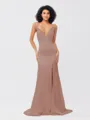 Sheath/Column Silk like Satin Ruched V-neck Sleeveless Sweep/Brush Train Bridesmaid Dresses