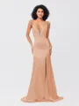 Sheath/Column Silk like Satin Ruched V-neck Sleeveless Sweep/Brush Train Bridesmaid Dresses