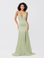 Sheath/Column Silk like Satin Ruched V-neck Sleeveless Sweep/Brush Train Bridesmaid Dresses