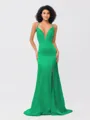 Sheath/Column Silk like Satin Ruched V-neck Sleeveless Sweep/Brush Train Bridesmaid Dresses