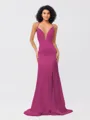 Sheath/Column Silk like Satin Ruched V-neck Sleeveless Sweep/Brush Train Bridesmaid Dresses