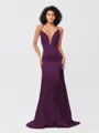 Sheath/Column Silk like Satin Ruched V-neck Sleeveless Sweep/Brush Train Bridesmaid Dresses