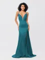 Sheath/Column Silk like Satin Ruched V-neck Sleeveless Sweep/Brush Train Bridesmaid Dresses