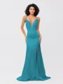 Sheath/Column Silk like Satin Ruched V-neck Sleeveless Sweep/Brush Train Bridesmaid Dresses