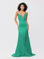 Sheath/Column Silk like Satin Ruched V-neck Sleeveless Sweep/Brush Train Bridesmaid Dresses