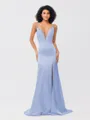 Sheath/Column Silk like Satin Ruched V-neck Sleeveless Sweep/Brush Train Bridesmaid Dresses