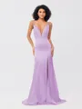 Sheath/Column Silk like Satin Ruched V-neck Sleeveless Sweep/Brush Train Bridesmaid Dresses