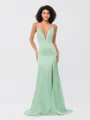 Sheath/Column Silk like Satin Ruched V-neck Sleeveless Sweep/Brush Train Bridesmaid Dresses