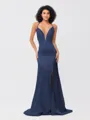 Sheath/Column Silk like Satin Ruched V-neck Sleeveless Sweep/Brush Train Bridesmaid Dresses