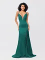 Sheath/Column Silk like Satin Ruched V-neck Sleeveless Sweep/Brush Train Bridesmaid Dresses
