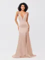 Sheath/Column Silk like Satin Ruched V-neck Sleeveless Sweep/Brush Train Bridesmaid Dresses