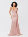 Sheath/Column Silk like Satin Ruched V-neck Sleeveless Sweep/Brush Train Bridesmaid Dresses