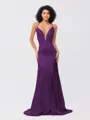 Sheath/Column Silk like Satin Ruched V-neck Sleeveless Sweep/Brush Train Bridesmaid Dresses