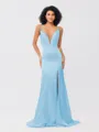 Sheath/Column Silk like Satin Ruched V-neck Sleeveless Sweep/Brush Train Bridesmaid Dresses