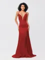 Sheath/Column Silk like Satin Ruched V-neck Sleeveless Sweep/Brush Train Bridesmaid Dresses