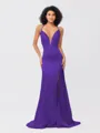 Sheath/Column Silk like Satin Ruched V-neck Sleeveless Sweep/Brush Train Bridesmaid Dresses