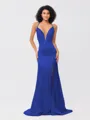 Sheath/Column Silk like Satin Ruched V-neck Sleeveless Sweep/Brush Train Bridesmaid Dresses