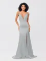 Sheath/Column Silk like Satin Ruched V-neck Sleeveless Sweep/Brush Train Bridesmaid Dresses