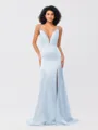 Sheath/Column Silk like Satin Ruched V-neck Sleeveless Sweep/Brush Train Bridesmaid Dresses