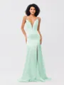 Sheath/Column Silk like Satin Ruched V-neck Sleeveless Sweep/Brush Train Bridesmaid Dresses