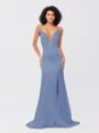 Sheath/Column Silk like Satin Ruched V-neck Sleeveless Sweep/Brush Train Bridesmaid Dresses
