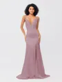 Sheath/Column Silk like Satin Ruched V-neck Sleeveless Sweep/Brush Train Bridesmaid Dresses