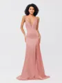Sheath/Column Silk like Satin Ruched V-neck Sleeveless Sweep/Brush Train Bridesmaid Dresses
