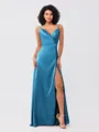 A-Line/Princess Silk like Satin Ruched V-neck Sleeveless Floor-Length Bridesmaid Dresses