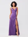 A-Line/Princess Silk like Satin Ruched V-neck Sleeveless Floor-Length Bridesmaid Dresses
