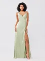A-Line/Princess Silk like Satin Ruched V-neck Sleeveless Floor-Length Bridesmaid Dresses