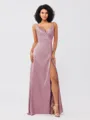 A-Line/Princess Silk like Satin Ruched V-neck Sleeveless Floor-Length Bridesmaid Dresses