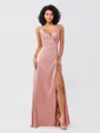 A-Line/Princess Silk like Satin Ruched V-neck Sleeveless Floor-Length Bridesmaid Dresses