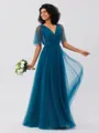 A-Line/Princess Tulle Ruffles V-neck Short Sleeves Floor-Length Bridesmaid Dresses
