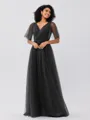A-Line/Princess Tulle Ruffles V-neck Short Sleeves Floor-Length Bridesmaid Dresses