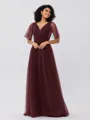 A-Line/Princess Tulle Ruffles V-neck Short Sleeves Floor-Length Bridesmaid Dresses