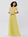 A-Line/Princess Tulle Ruffles V-neck Short Sleeves Floor-Length Bridesmaid Dresses