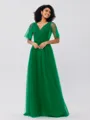 A-Line/Princess Tulle Ruffles V-neck Short Sleeves Floor-Length Bridesmaid Dresses