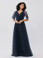 A-Line/Princess Tulle Ruffles V-neck Short Sleeves Floor-Length Bridesmaid Dresses