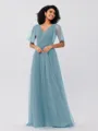 A-Line/Princess Tulle Ruffles V-neck Short Sleeves Floor-Length Bridesmaid Dresses