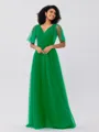 A-Line/Princess Tulle Ruffles V-neck Short Sleeves Floor-Length Bridesmaid Dresses