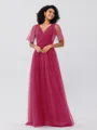 A-Line/Princess Tulle Ruffles V-neck Short Sleeves Floor-Length Bridesmaid Dresses