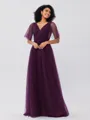 A-Line/Princess Tulle Ruffles V-neck Short Sleeves Floor-Length Bridesmaid Dresses