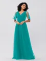 A-Line/Princess Tulle Ruffles V-neck Short Sleeves Floor-Length Bridesmaid Dresses