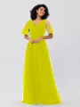 A-Line/Princess Tulle Ruffles V-neck Short Sleeves Floor-Length Bridesmaid Dresses