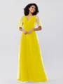 A-Line/Princess Tulle Ruffles V-neck Short Sleeves Floor-Length Bridesmaid Dresses