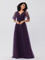 A-Line/Princess Tulle Ruffles V-neck Short Sleeves Floor-Length Bridesmaid Dresses